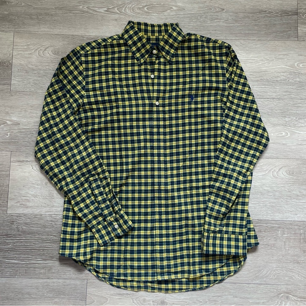 Ralph Lauren Plaid Button Down Shirt 100% Cotton Yellow Blue Mens Large NEW